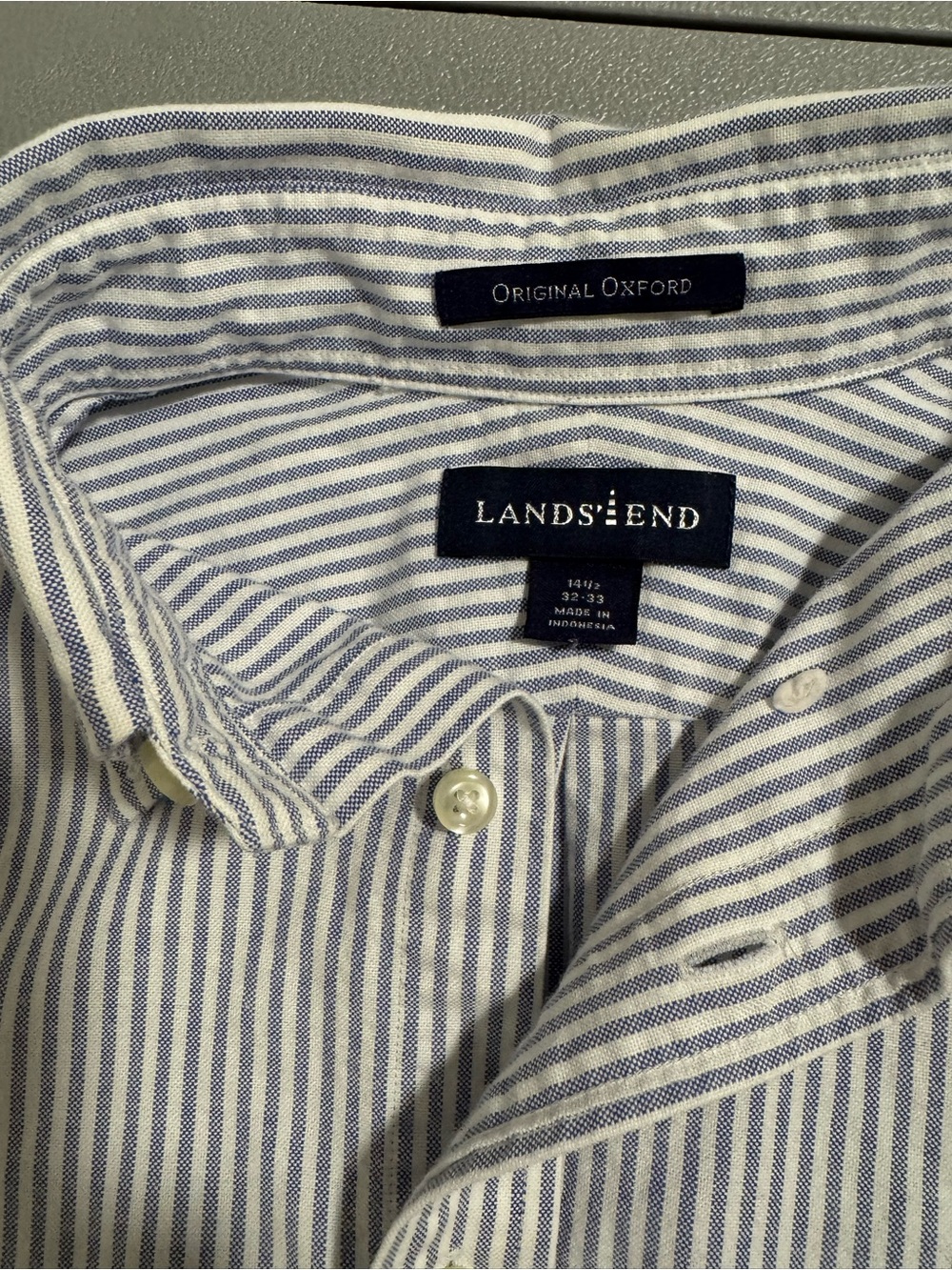 Lands' End 100% Cotton Blue White Pinstripe Button-Down Oxford Shirt Size 14.5 - Picture 5 of 14